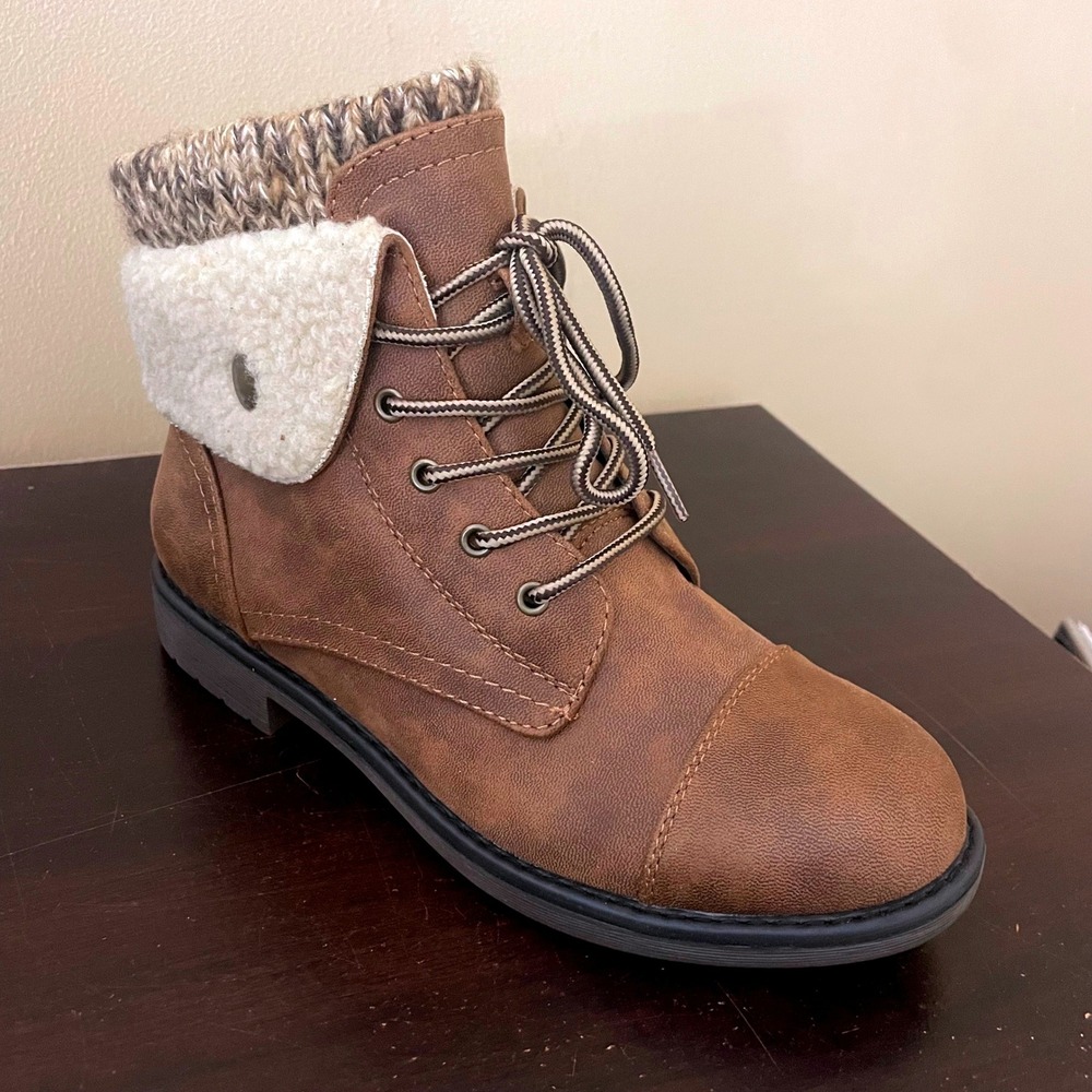 Cliffs by White Mountain Duena Tobacco Brown Knit Shearling Ankle Boots 7 - Picture 2 of 8